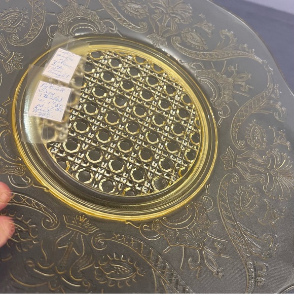 1930’s Lancaster Yellow Depression Glass Etched Tray Cane Landrum W/ Handles - Picture 8 of 8